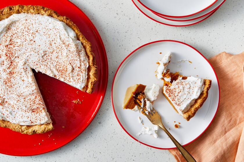 LOS ANGELES - THURSDAY, November 07, 2019: Nashville Hot Pumpkin Pie. Food Stylist by Ben Mims / Julie Giuffrida and propped by Samantha Margherita at Proplink Tabletop Studio in downtown Los Angeles on Thursday, November 07, 2019. (Leslie Grow / For the Times)