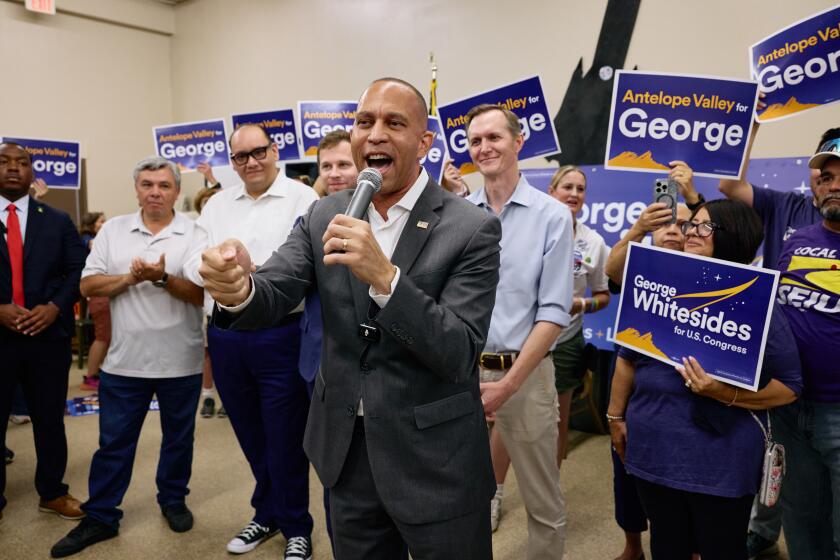 Palmdale, CA - October 13:House Minority Leader Hakeem Jeffries campaigning with George Whitesides, the Democrat running against Republican Rep. Mike Garcia. Machinists Hall on Sunday, Oct. 13, 2024 in Palmdale, CA. (Marcus Ubungen / Los Angeles Times)