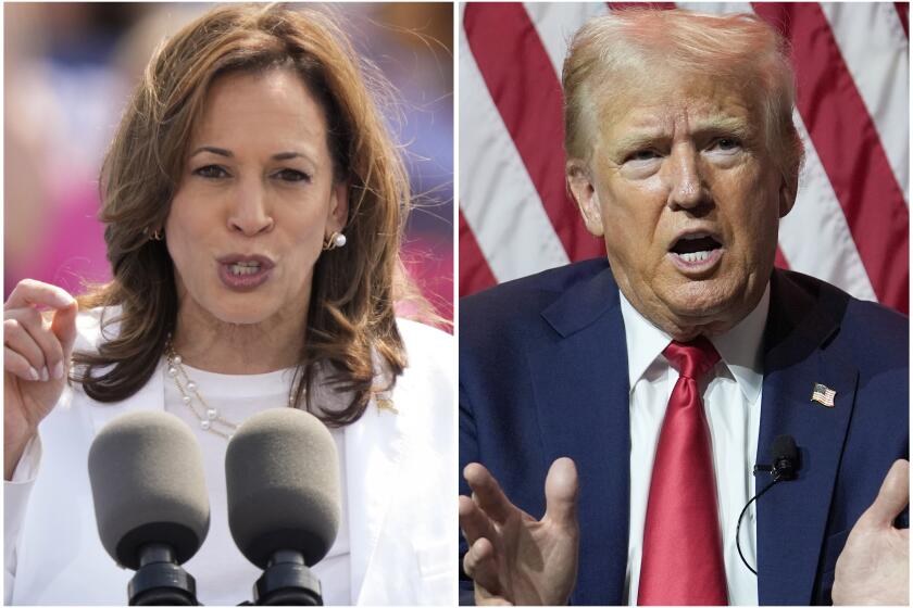 This combination of photos shows Vice President Kamala Harris, left, on Aug. 7, 2024 and Republican presidential candidate former President Donald Trump on July 31, 2024. (AP Photo/Charles Rex Arbogast)