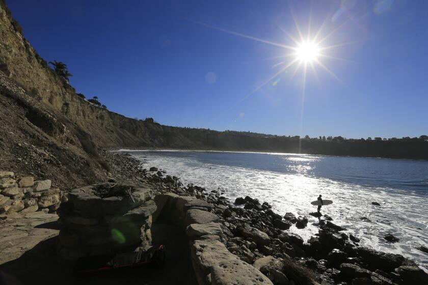 PALOS VERDES ESTATES, CALIF. --FRIDAY, FEBRUARY 5, 2016: A Bay Boy surfer heads out to surf near their fort theyWith police watching for trouble from the bluff top, outsider Diana Milna, right, 28, of Malibu, stands in the Bay Boys hangout fort while watching her friend Jordan and a small group of outsiders challenging the Bay Boys intimidation efforts to keep the surf spot to themselves at Lunada Bay in Palos Verdes Estates, Calif., on Feb. 5, 2016. The California Coastal Commission is working to restore public access to Lunada Bay. Lunada Bay is considered of the best surf spots in Southern California and has a long history of local intimidation, vandalization and violence towards outsiders. An off-duty El Segundo Police Officer, who said he was run over by one of the Bay Boy surfers' surfboard, watched over the safety of the surfer's cars while they surfed. The California Coastal Commission has declared the Bay Boys, a gang of middle aged trust fund guys who harass outsiders, to be "development," and therefore subject open access regulations and permitting procedures. Drawing particular attention is a stone fort constructed by the Bay Boys that will need to be demolished or undergo rigorous permitting procedures. (Allen J. Schaben / Los Angeles Times)