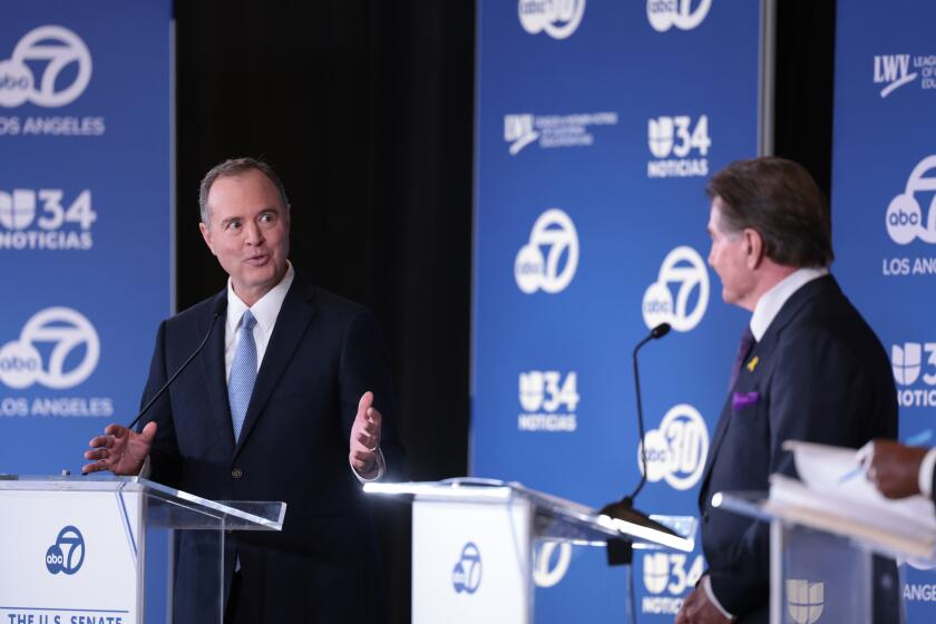 KABC-TV Los Angeles hosted the 2024 California U.S. Senate Candidate Forum with professional baseball representative Steve Garvey with Representative Adam Schiff (D-CA 30th District) on Tuesday, Oct. 8, 2024 in Glendale, Ca.