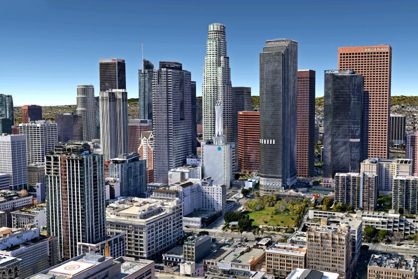 A Google Earth view of the site of the Angels Landing project, lower center, a $1.5-billion development that will bring two skyscrapers to the Bunker Hill neighborhood near the historic Angels Flight railway in downtown Los Angeles. It's been touted as a neighborhood within a building; plans for the ambitious project include condos, apartments, restaurants and even an elementary school. (Google Earth)