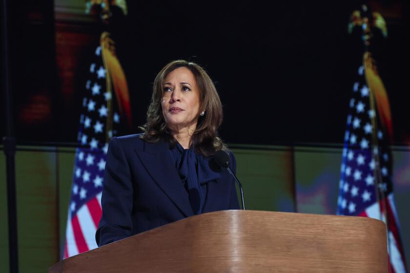 Chicago, Ill, Wednesday, August 21, 2024 - Vice President Kamala Harris delivers a speech as she accepts the party's nomination to be it's presidential candidate at the Democratic National Convention at the United Center. (Robert Gauthier/Los Angeles Times)