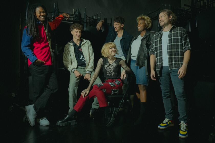 Los Angeles, CA - August 25: From Left - Otis Jones IV, Landen Gonzalez, Lark Detweiler, Daniel Durant, Mars Rucker, James Oliver, cast of "American Idiot," the Center Theatre Group/Deaf West Theatre production, pose for a portrait on Sunday, Aug. 25, 2024 in Los Angeles, CA. (Jason Armond / Los Angeles Times)