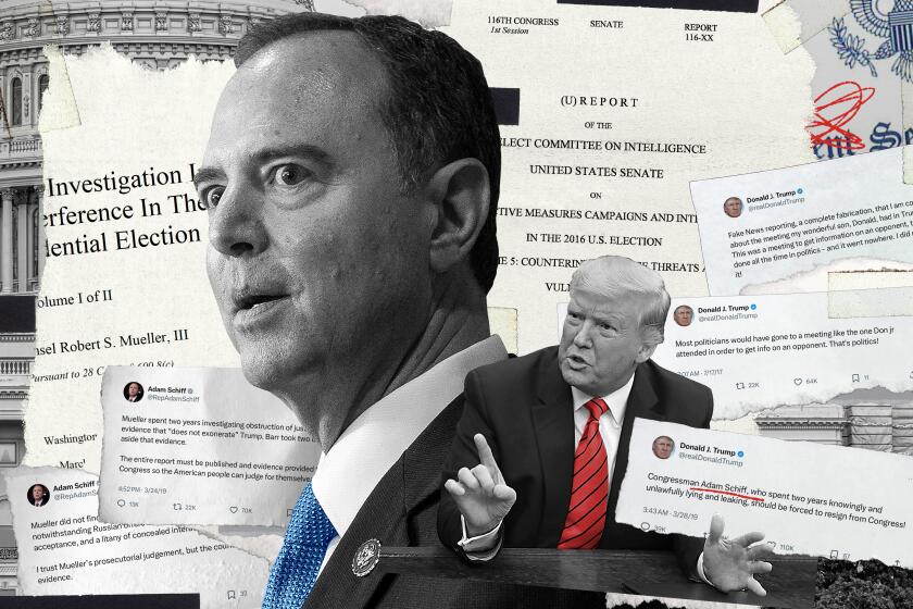 photo collage illustration of Adam Schiff and Donald Trump with tweets and investigation paperwork