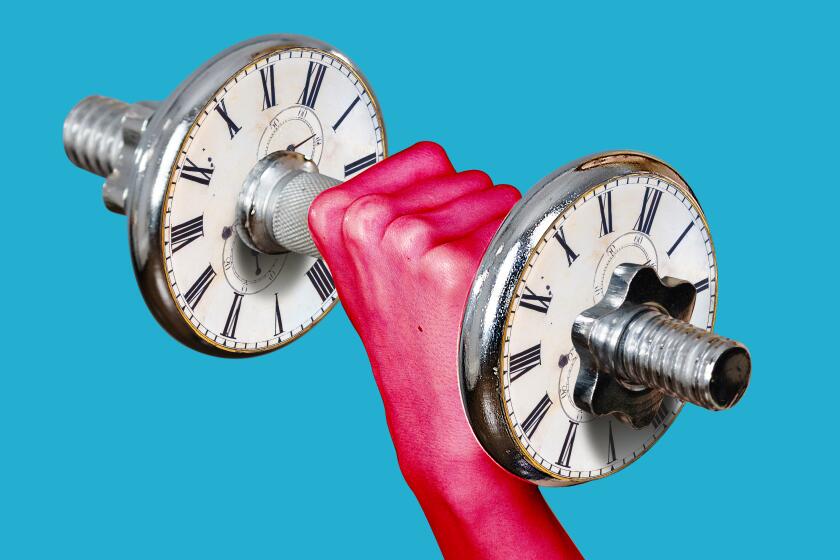 photo illustration of an arm curling a dumbbell made from two pocket watch faces