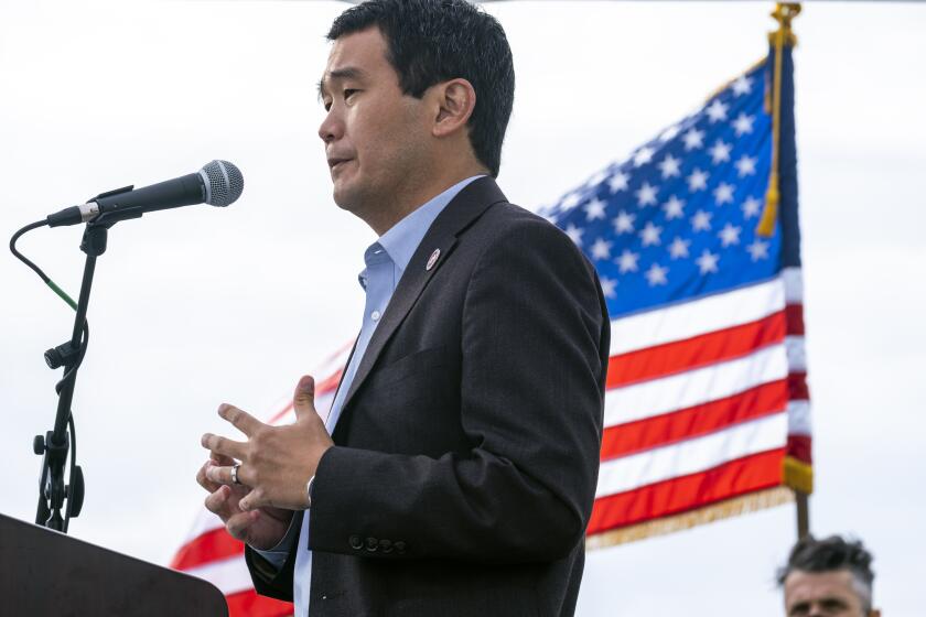 Laguna Beach, CA - OCTOBER 18: State Sen. Dave Min participates in a news conference held to advocate for a ban on offshore oil drilling following the Huntington Beach oil spill on Monday, Oct. 18, 2021 in Laguna Beach, CA. (Francine Orr / Los Angeles Times)