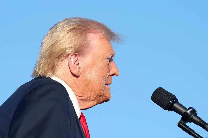 Coachella, California October 12, 2024- Presidential candidate Donald Trump speaks to his supporters during a rally at Calhoun Ranch in Coachella Saturday.(Wally Skalij/Los Angeles Times)