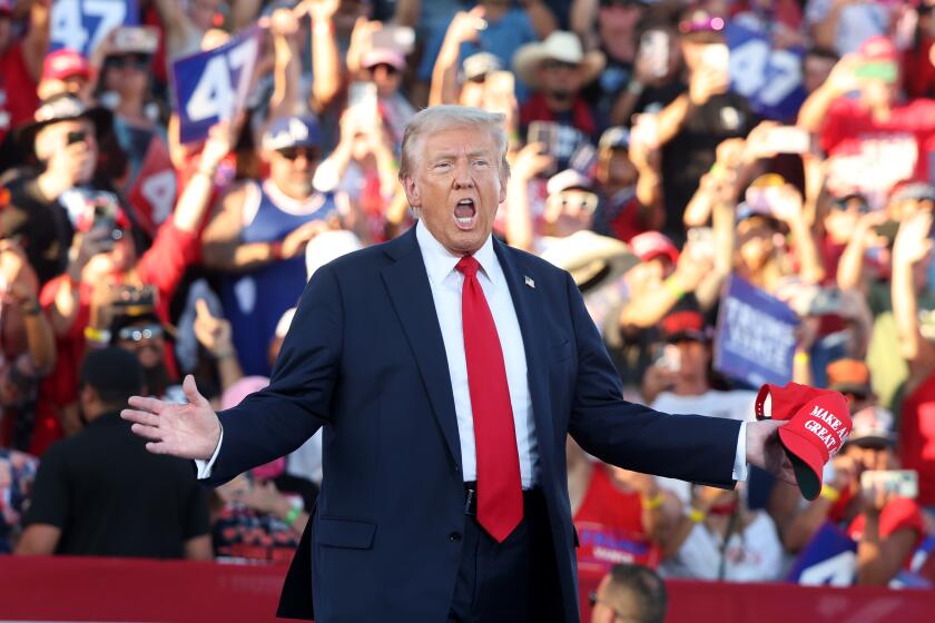 Coachella, California October 12, 2024-Presidential candidate Donald Trump greets his supporters during a rally at Calhoun Ranch in Coachella Saturday.(Wally Skalij/Los Angeles Times)