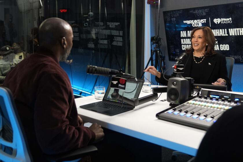 Democratic presidential nominee Vice President Kamala Harris, participates in an interview with Charlamagne Tha God, co-host of iHeartMedia's morning show The Breakfast Club, in Detroit, Tuesday, Oct. 15, 2024. (AP Photo/Jacquelyn Martin)