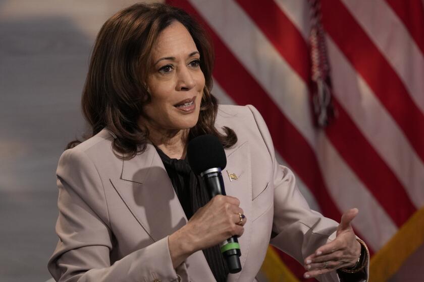 Democratic presidential nominee Vice President Kamala Harris Vice is interviewed by National Association of Black Journalists members Tonya Mosley, and Gerren Keith Gaynor, with moderator Eugene Daniels, at the WHYY studio in Philadelphia, Tuesday, Sept. 17, 2024. (AP Photo/Matt Rourke)