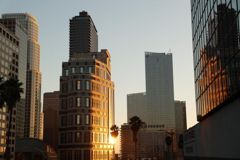 Los Angeles, CA - October 08: A view of Wedbush Center on Tuesday, Oct. 8, 2024 in Los Angeles, CA. Wedbush Securities is leaving their offices in Downtown Los Angeles after 24 years for smaller quarters in Pasadena. (Michael Blackshire / Los Angeles Times)