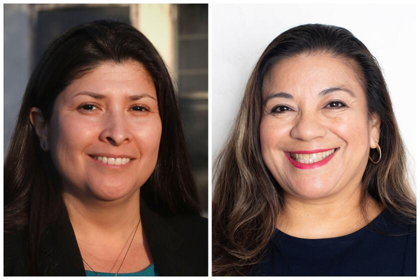 LAUSD District 5 school board candidates Graciela Ortiz, left, and Karla Griego. (Michael Blackshire / Los Angeles Times, Courtesy of Karla Griego)