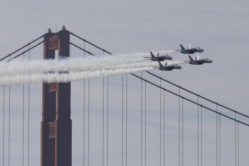 The Blue Angels perform during the the San Francisco Fleet Week Air Show on Friday, October 11, 2024 in San Francisco, Calif. (Lea Suzuki/San Francisco Chronicle via AP)